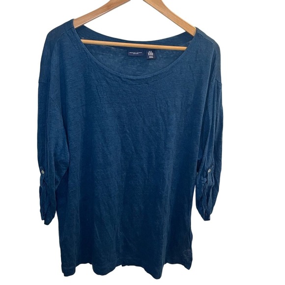 Adrienne Vittadini Tops - Adrienne Vittadini Womens 2X Blue 100% Linen 3/4 Sleeve Button Back‎ Knit Top